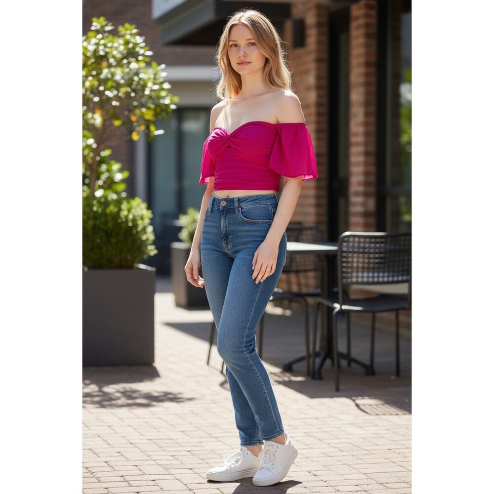 Abercrombie & Fitch Pink Smocked Off Shoulder Ruffle Sleeve Crop Top Womens Sz M